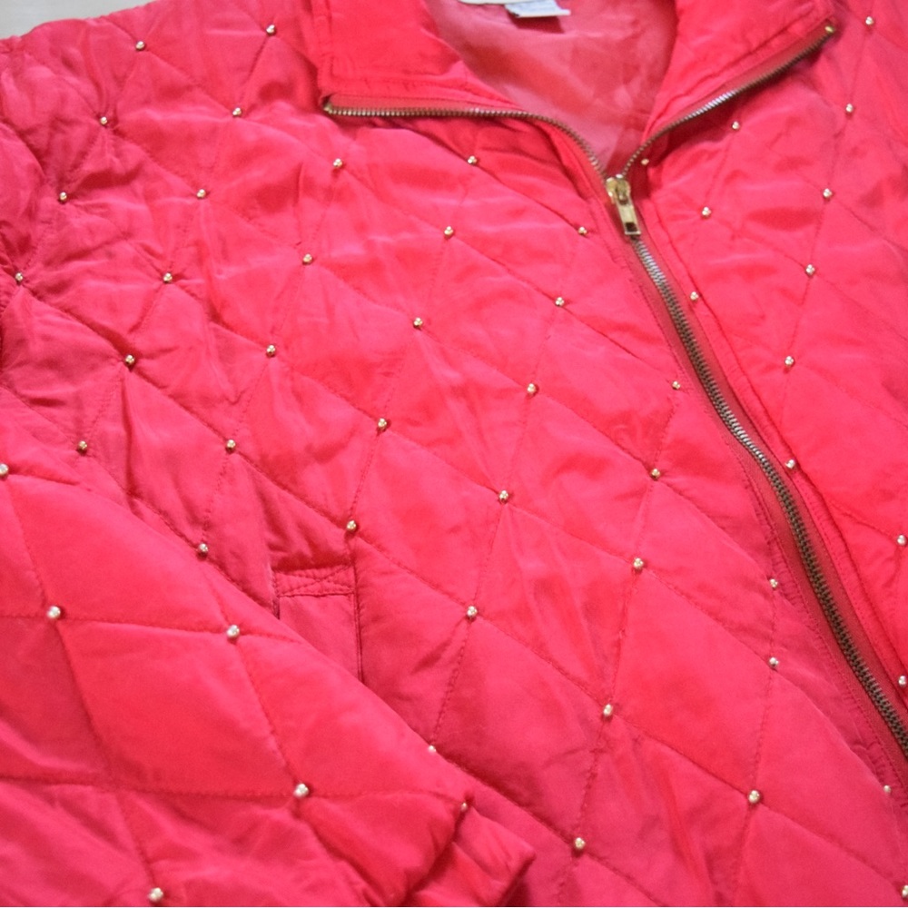 Vintage 80s Style 100% Silk Women's Large Red Bomber Jacket Gold Beaded Detail